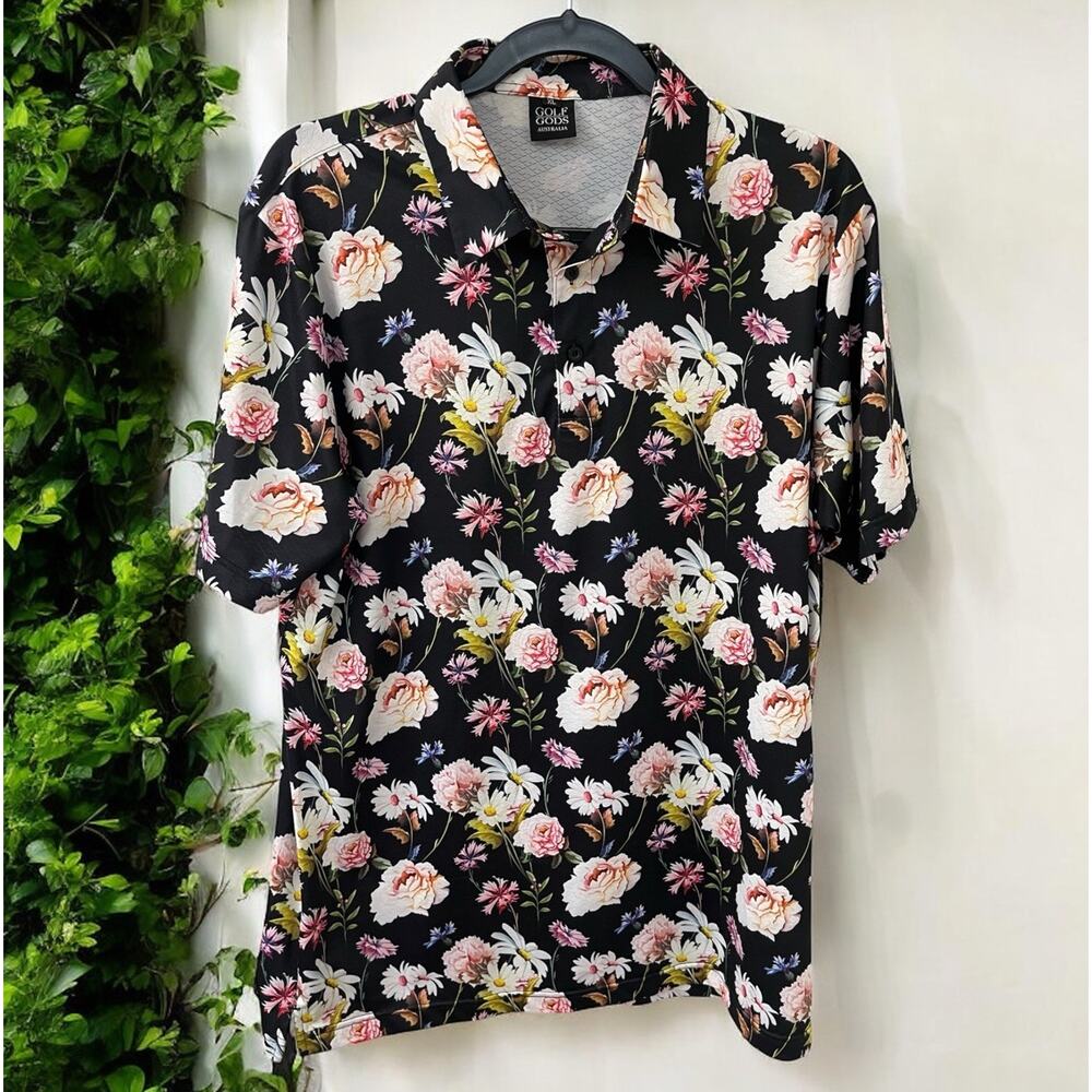 Golf Gods Australia Men's Floral Print Performance Polo Shirt‎ Size XL Black